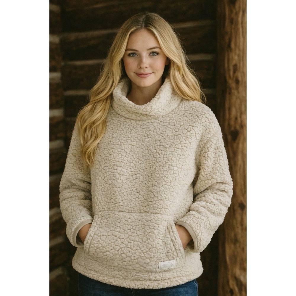 Eddie Bauer Beige Sherpa Cowl Neck Women's Size Large Pullover Front‎ Pocket